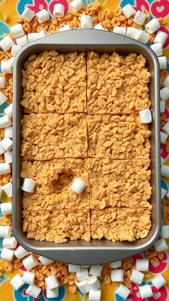 A pan of classic Rice Krispie treats cut into squares, surrounded by marshmallows and Rice Krispies.