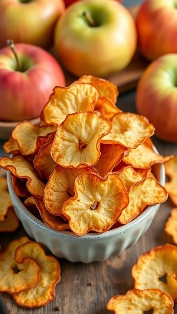 A bowl of crispy apple chips surrounded by fresh apples.