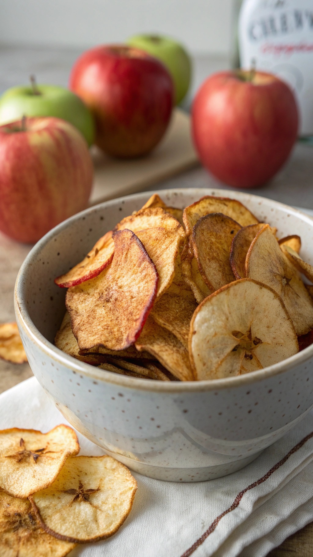 A bowl of crispy apple chips surrounded by fresh apples.