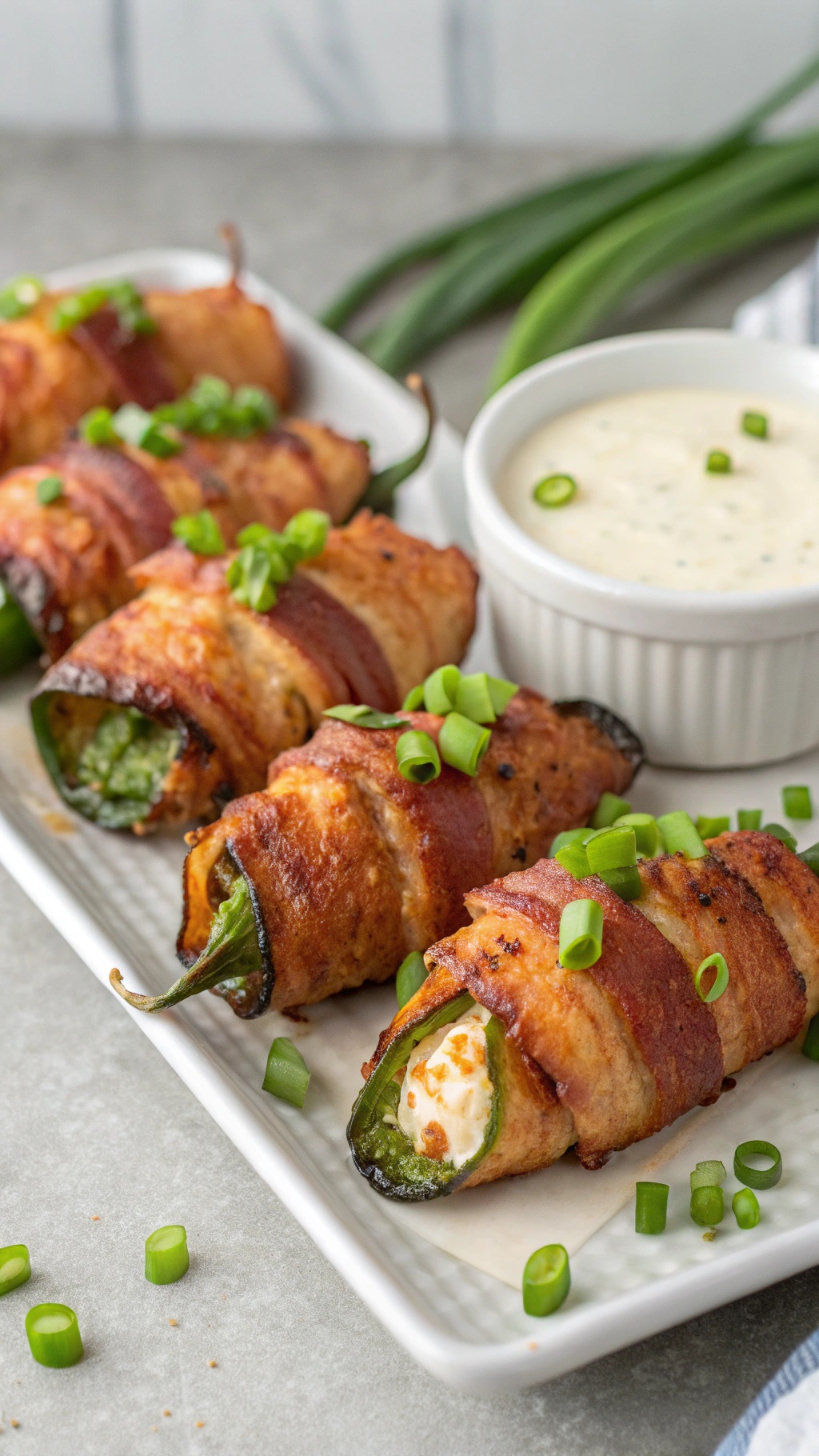 Crispy bacon-wrapped jalapeño poppers served on a plate with a side of dipping sauce and garnished with green onions.