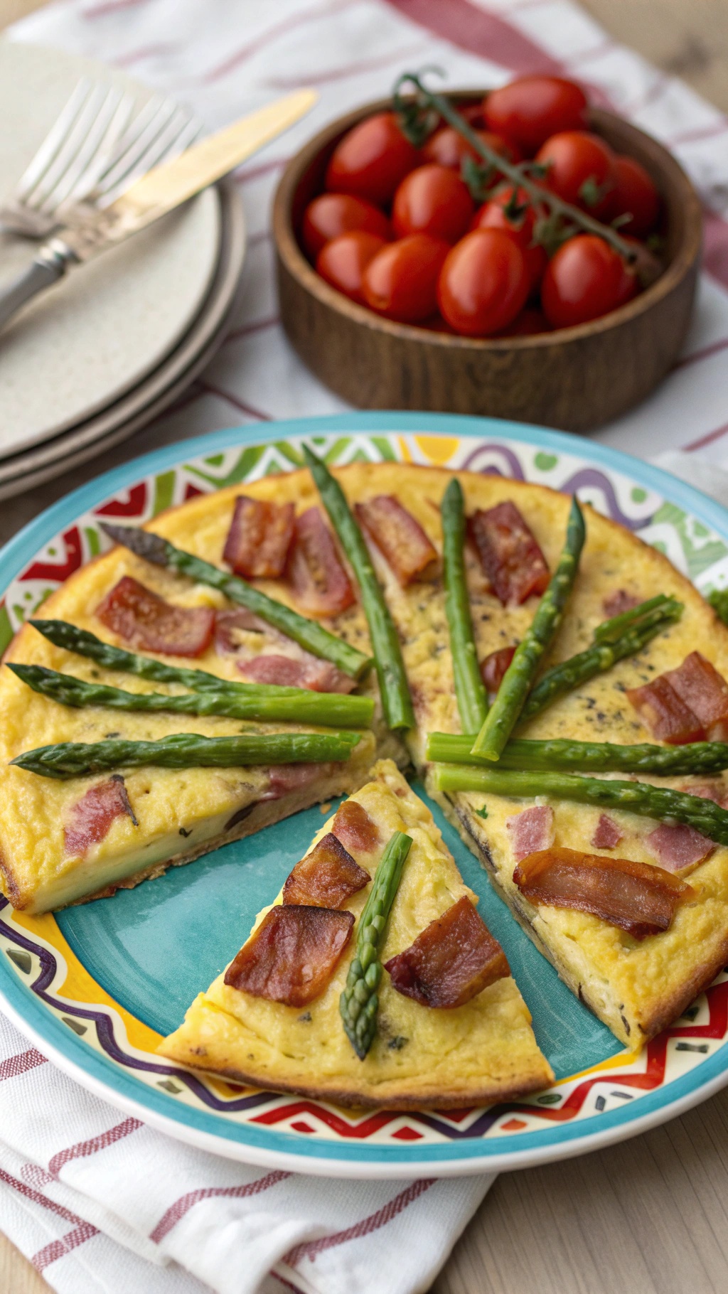 A colorful plate of crispy bacon and asparagus frittata, garnished with asparagus spears and served with cherry tomatoes.