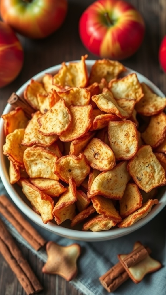 A bowl of crispy baked apple chips with fresh apples and cinnamon sticks