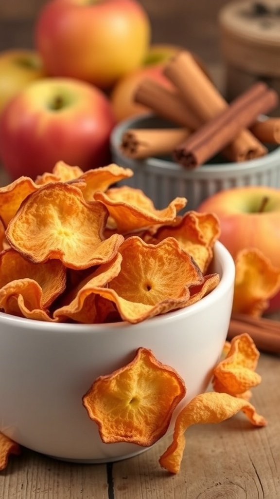 A bowl of crispy baked apple chips with fresh apples and cinnamon sticks in the background.