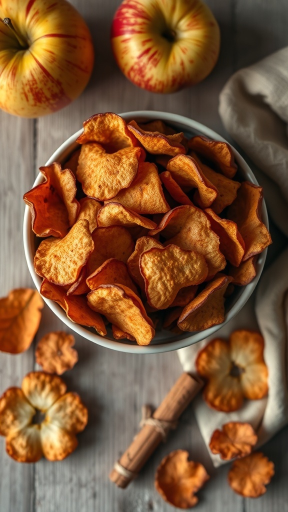 A bowl of crispy baked apple chips with fresh apples beside it.