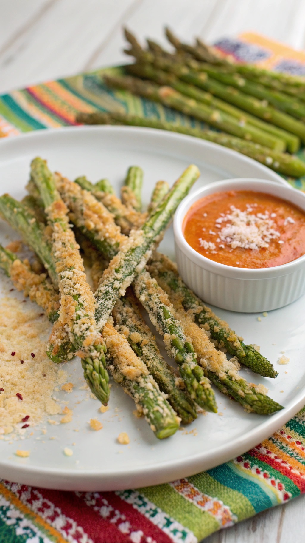 Crispy baked asparagus fries served with a dipping sauce on a plate.