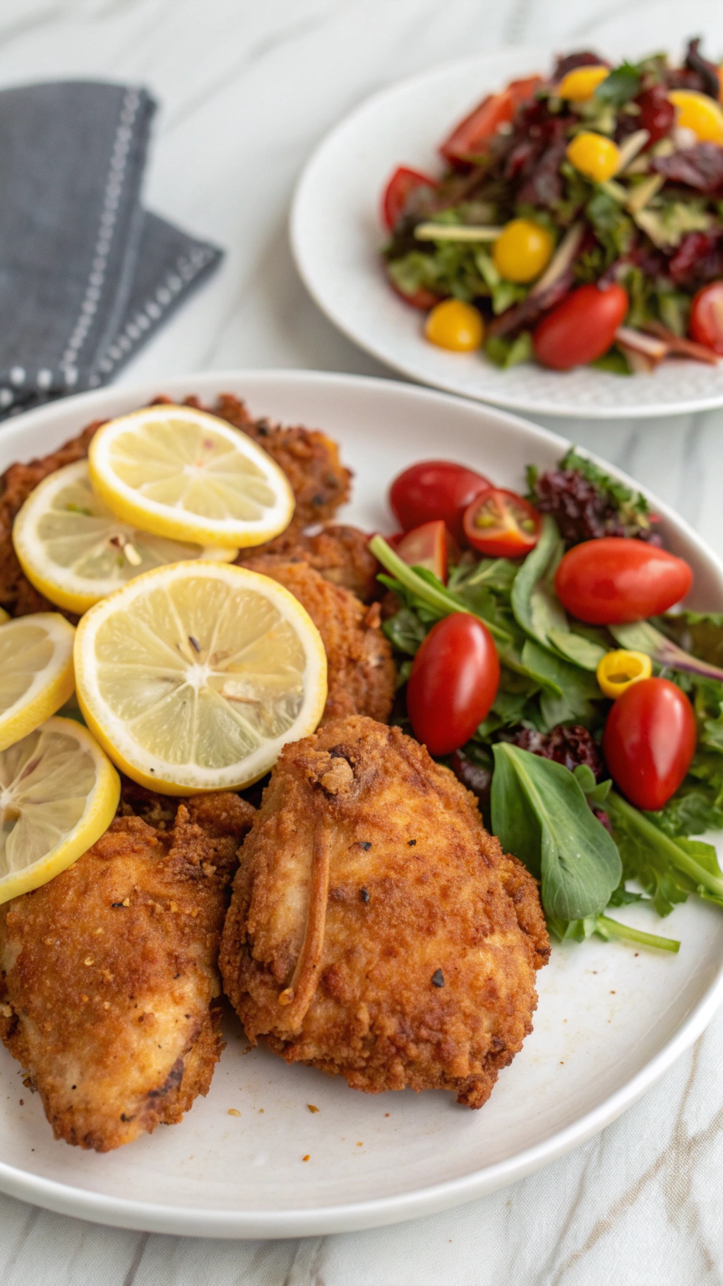 Crispy baked chicken thighs with lemon slices on a plate, accompanied by a fresh salad.