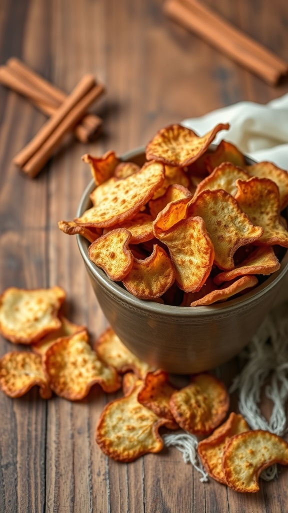 A bowl of crispy baked cinnamon apple chips with cinnamon sticks in the background.