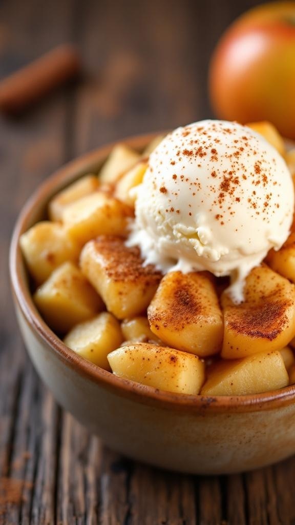 Bowl of crispy baked cinnamon apples topped with ice cream