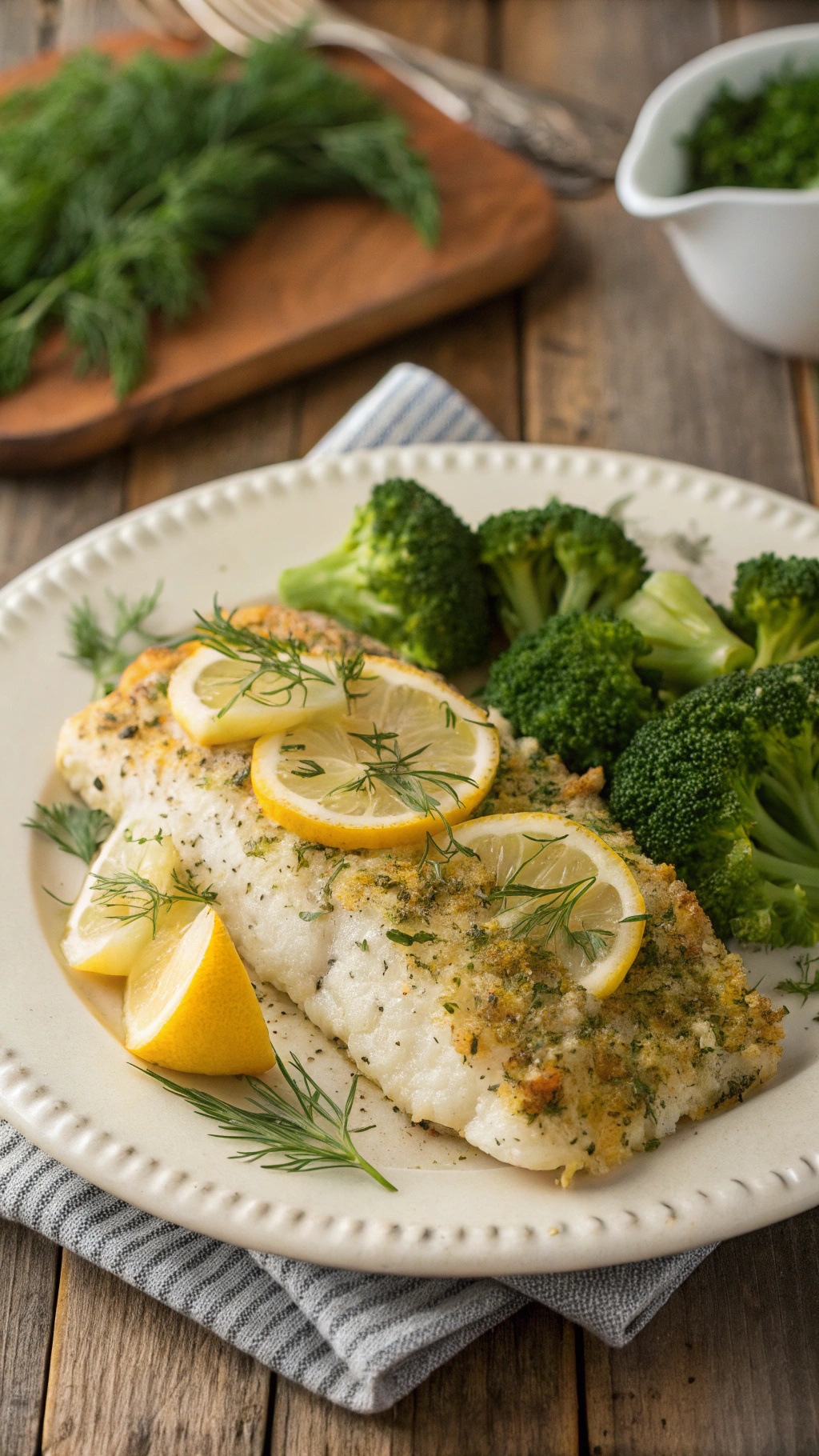A plate of crispy baked cod with lemon dill crust, served with broccoli.