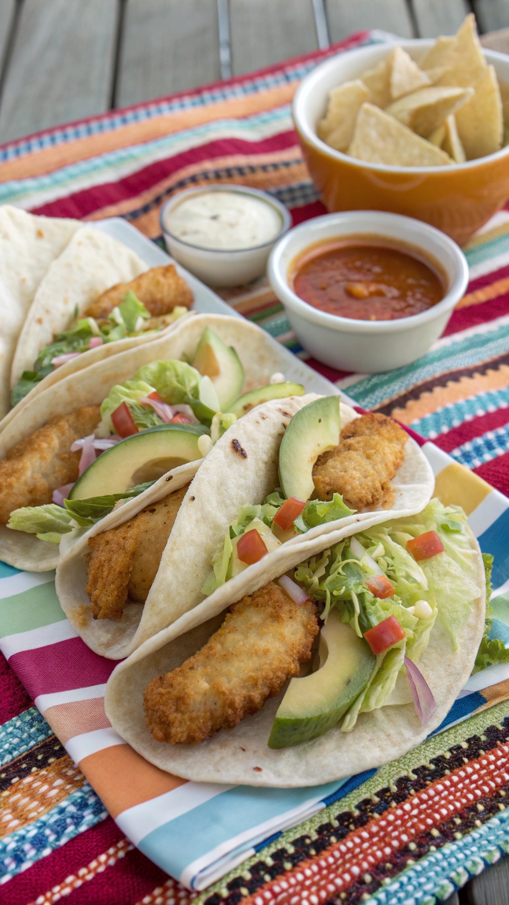 Crispy baked fish taco wraps with fresh toppings and salsa on a colorful tablecloth.