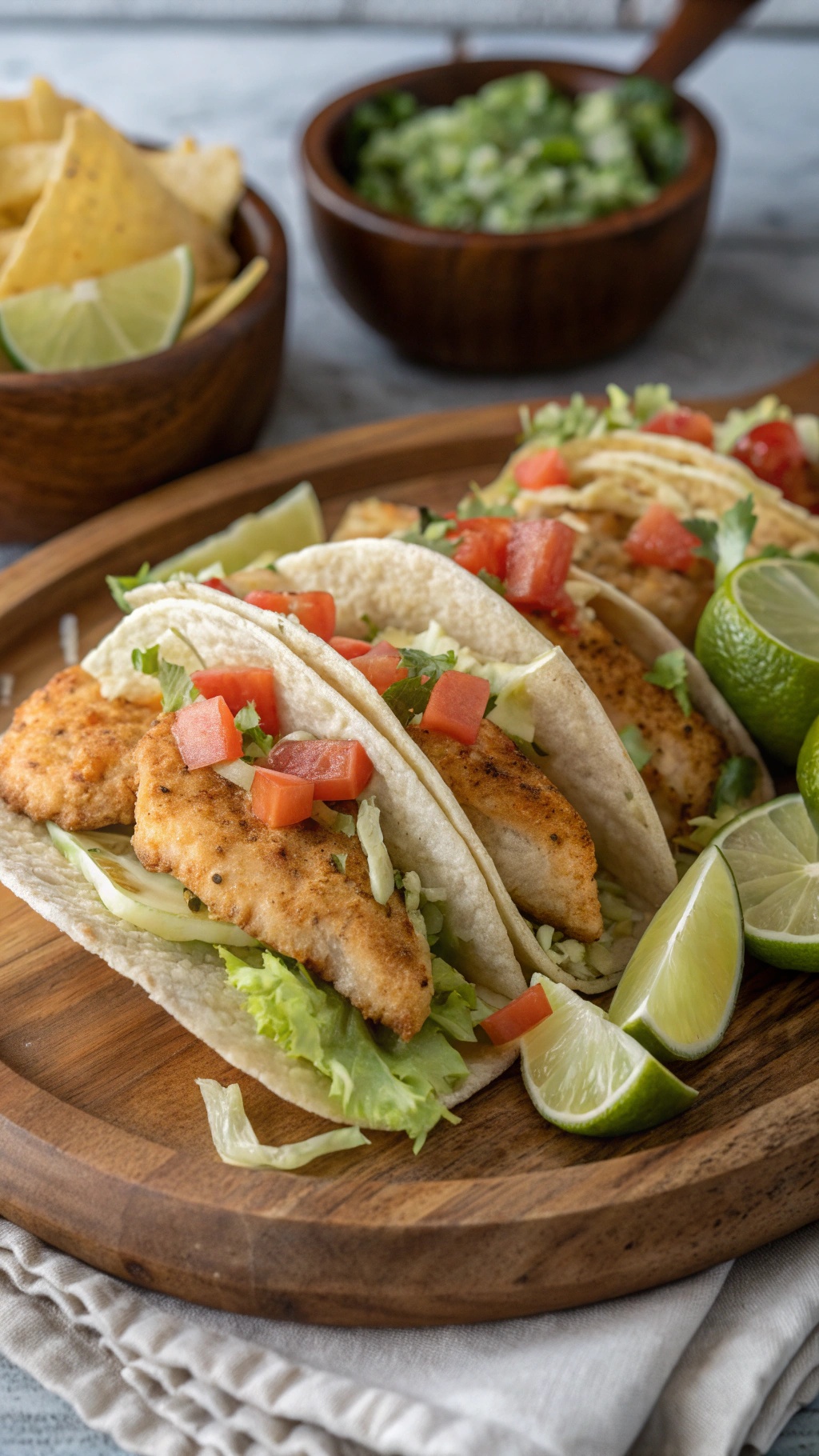 Crispy baked fish tacos with toppings on a wooden platter