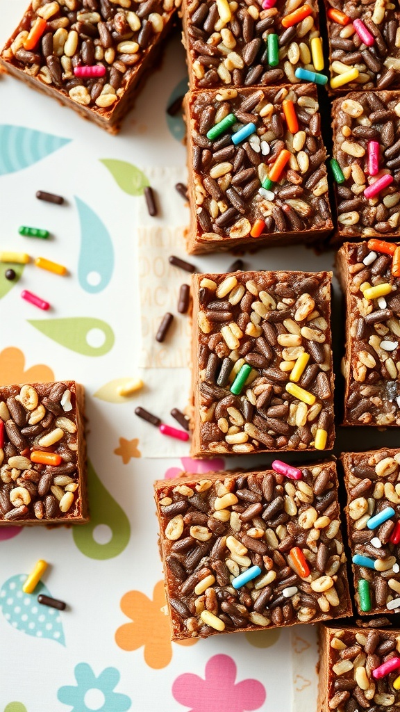 Crispy chocolate rice treats topped with colorful sprinkles on a patterned background.