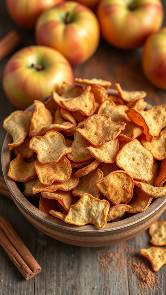 A bowl of crispy cinnamon apple chips with fresh apples and cinnamon sticks in the background.