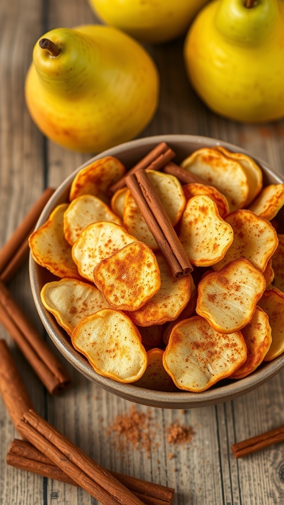 A bowl of crispy cinnamon pear chips with whole pears and cinnamon sticks around it.