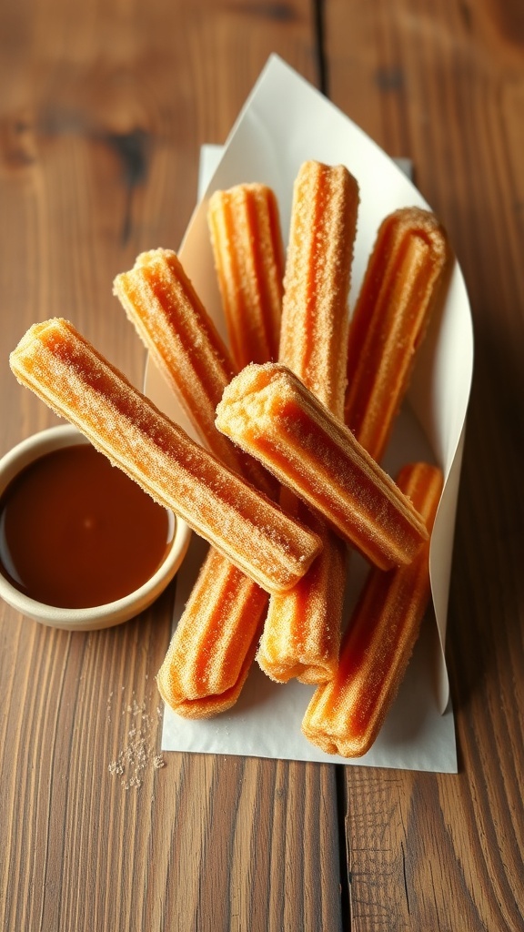 A plate of crispy cinnamon sugar churros with a small bowl of dipping sauce.