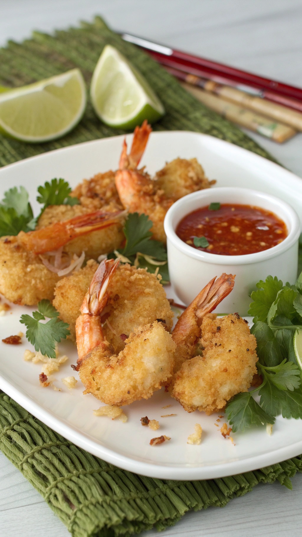 A plate of crispy coconut shrimp served with sweet chili sauce and garnished with cilantro and lime.