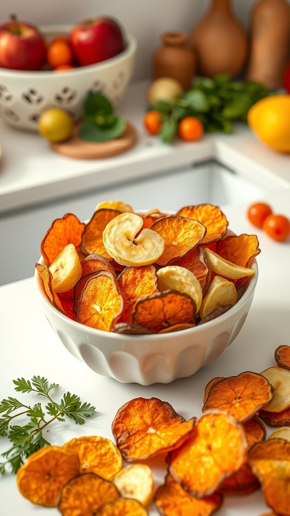 A bowl of colorful crispy fruit chips made from apples, bananas, and sweet potatoes.