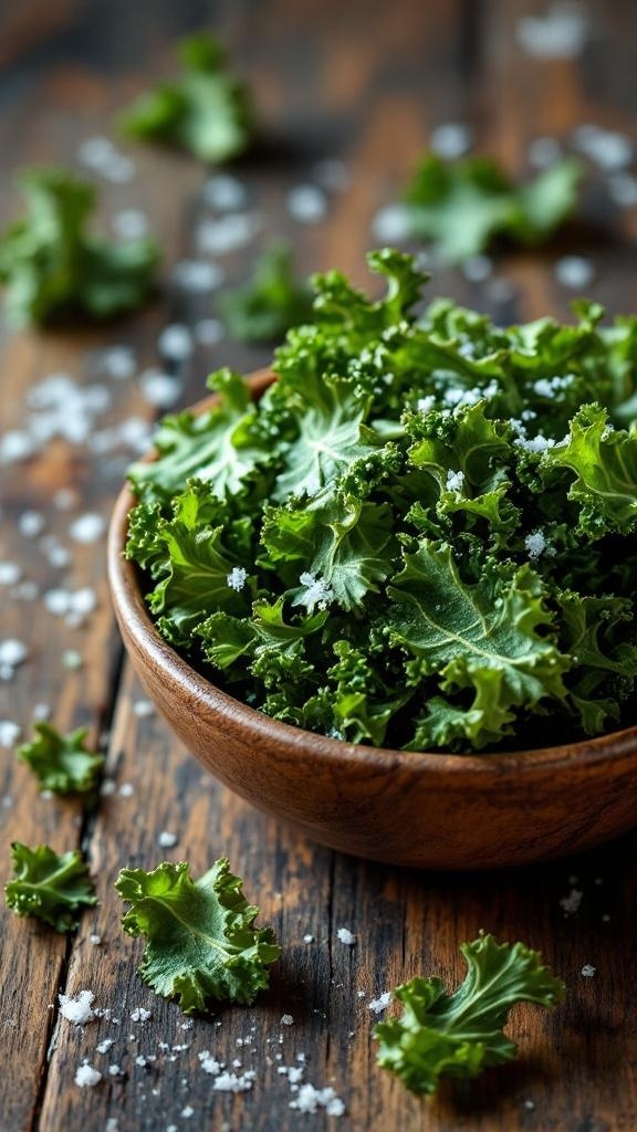 A wooden bowl filled with fresh kale leaves sprinkled with salt on a wooden table.