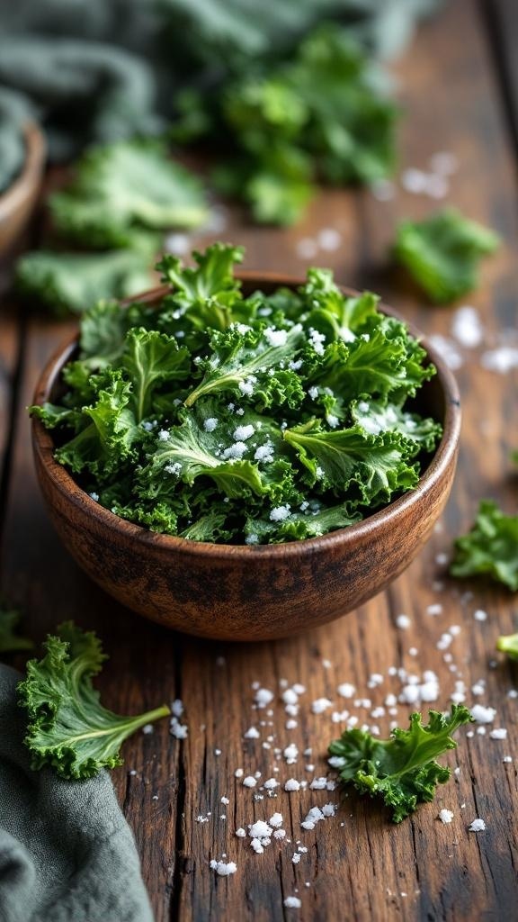 A bowl of fresh kale leaves sprinkled with salt, surrounded by more kale on a wooden surface.