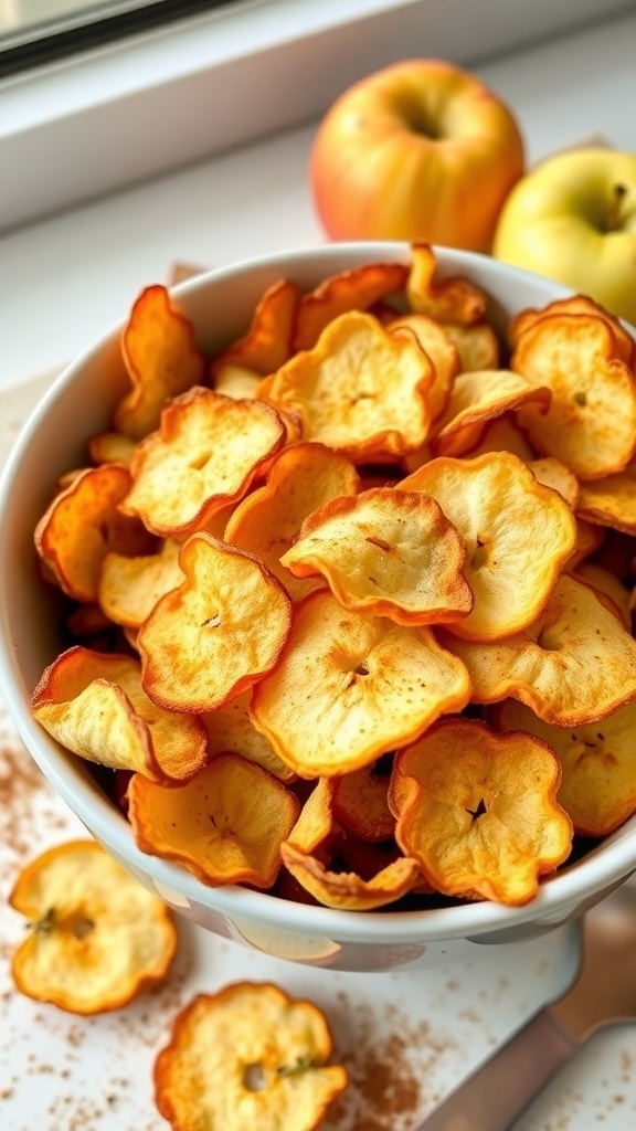A bowl of crispy keto apple chips with fresh apples in the background.