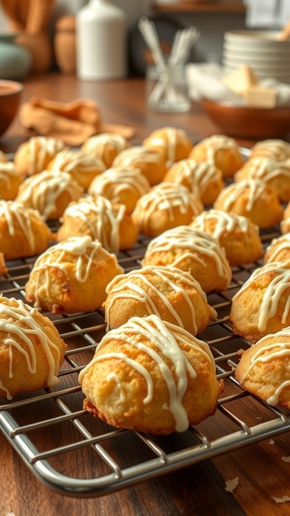 A tray of crispy lemon coconut macaroons with white chocolate drizzle