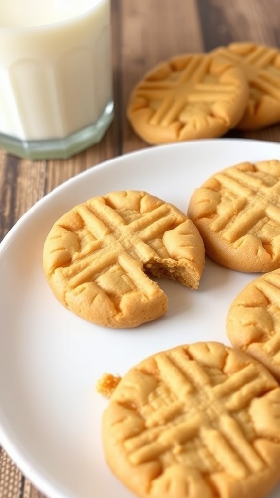 Crispy low-carb peanut butter cookies on a plate with a glass of milk