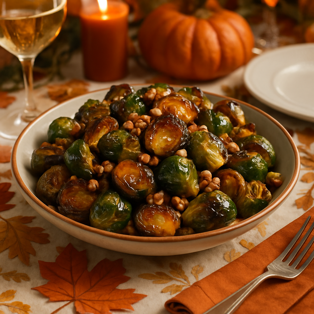 A bowl of crispy maple-glazed Brussels sprouts with walnuts, set on a festive Thanksgiving table.
