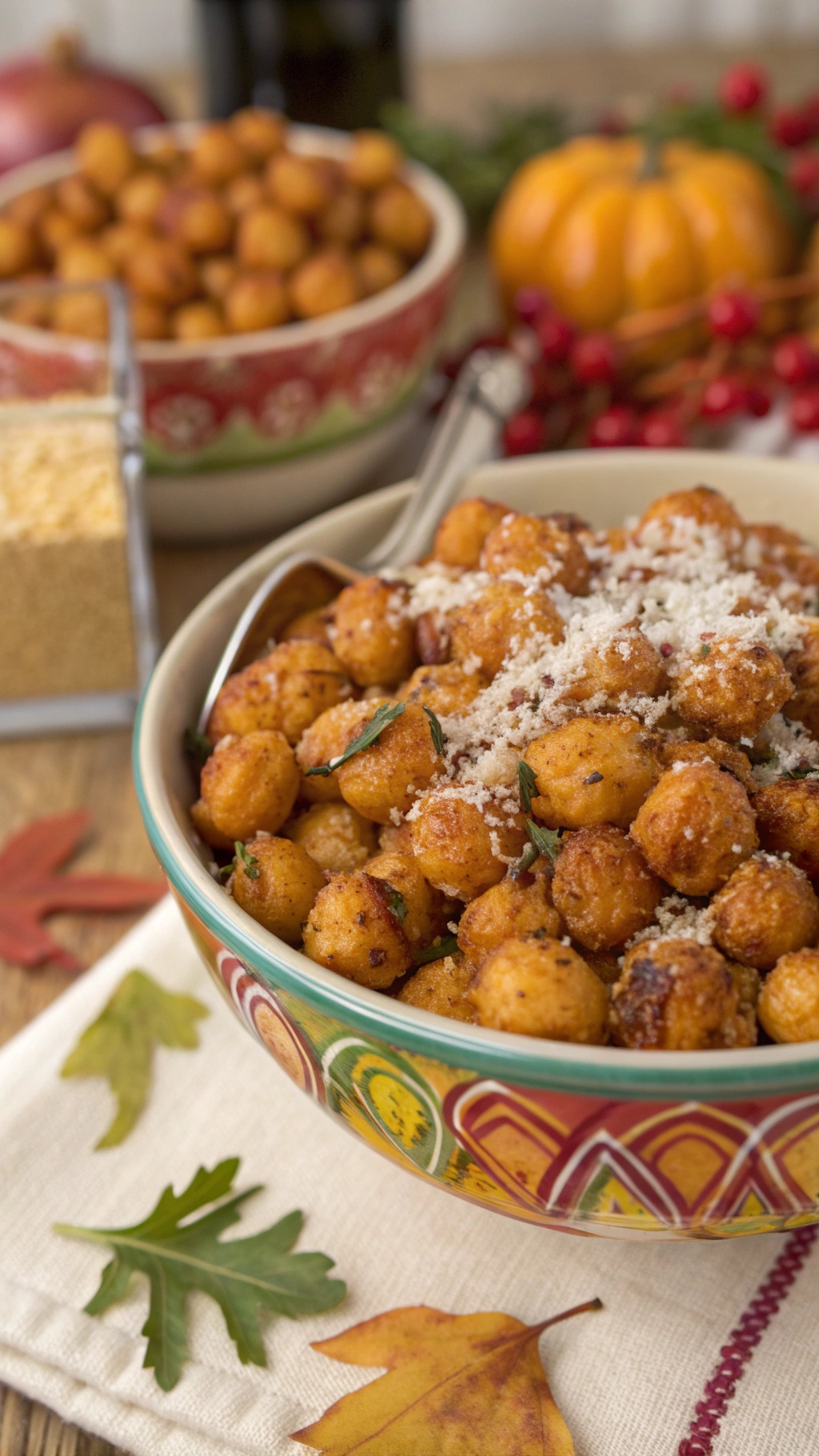 A bowl of crispy Parmesan roasted chickpeas garnished with cheese, surrounded by autumn leaves and festive decor.