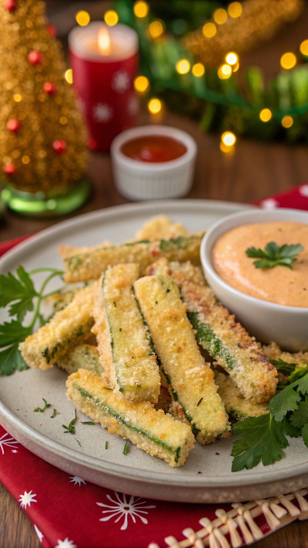 Crispy Parmesan Zucchini Fries served with a dipping sauce, garnished with parsley.