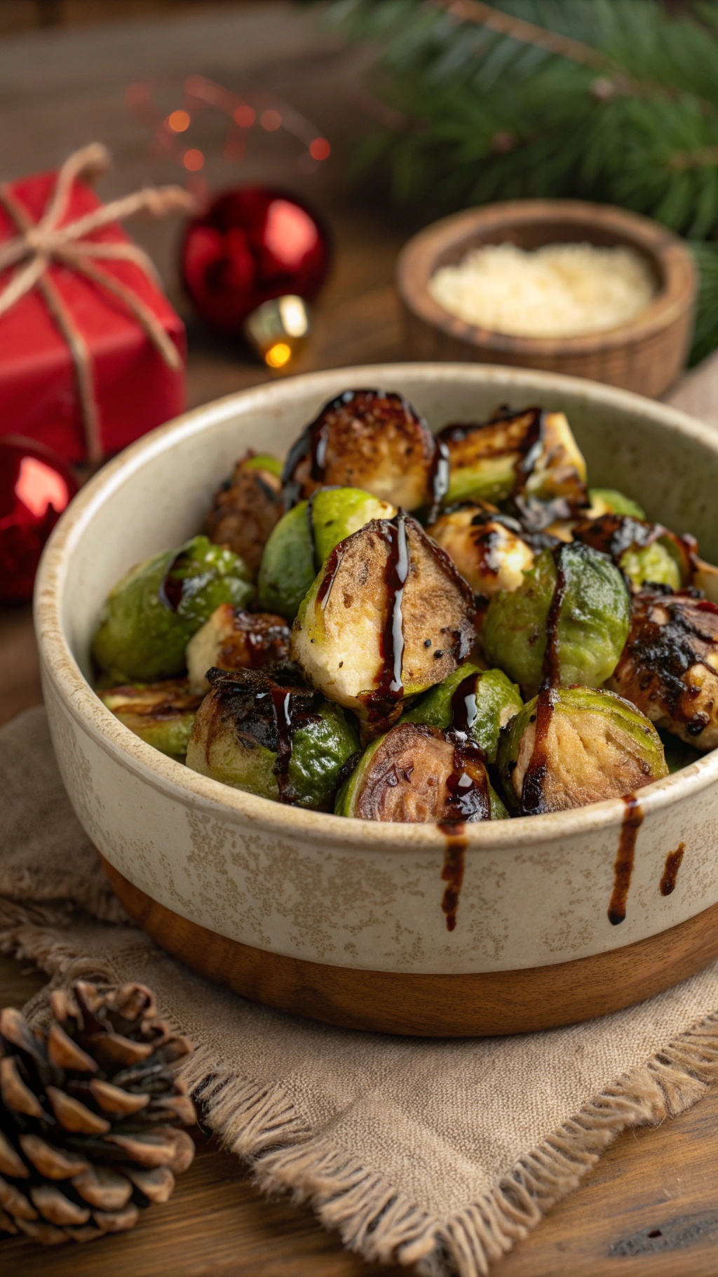 A bowl of crispy roasted Brussels sprouts drizzled with balsamic glaze, surrounded by festive decorations.
