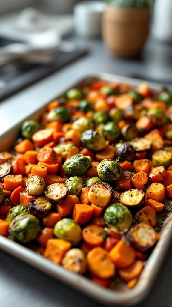 A tray of crispy roasted vegetables including Brussels sprouts and carrots, ready to be served as a side dish.