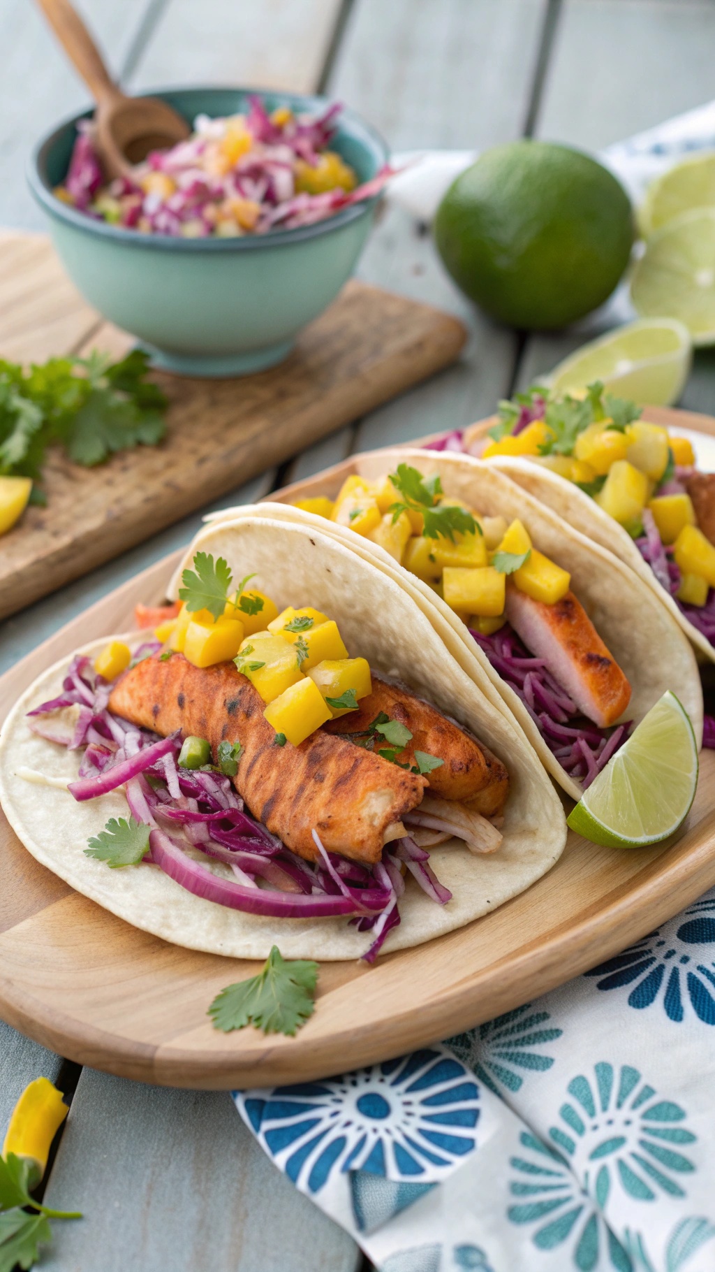 Crispy skin salmon tacos with mango salsa on a wooden plate