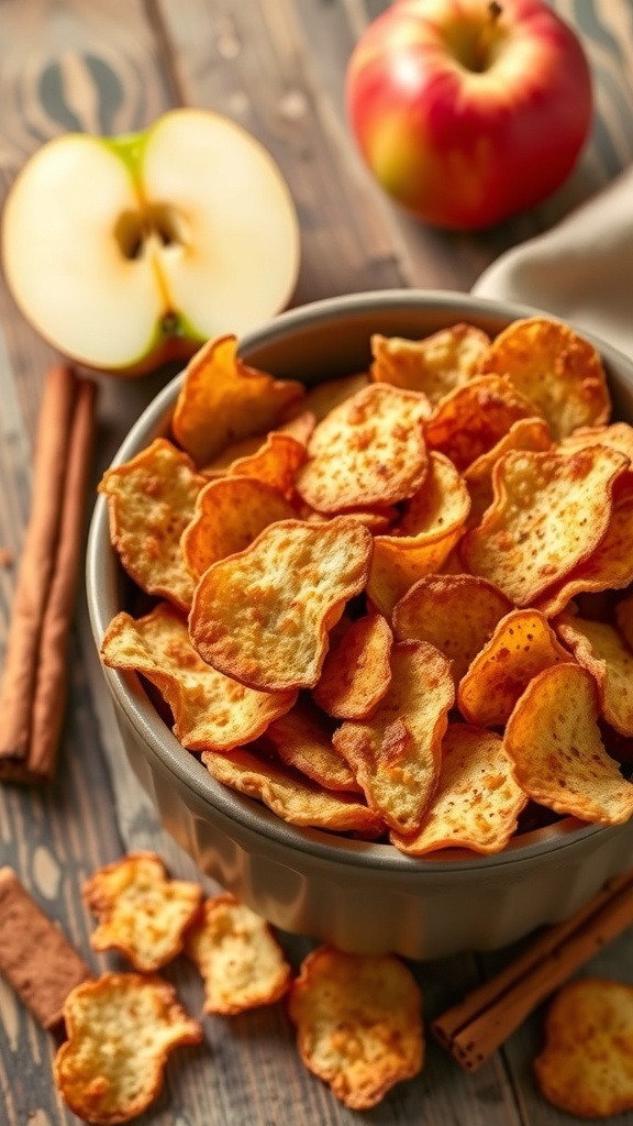 A bowl of crispy baked cinnamon apple chips with fresh apples and cinnamon sticks.