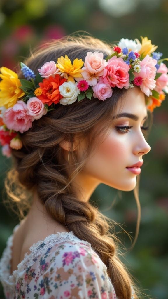 A woman with a crown braid hairstyle adorned with colorful flowers.