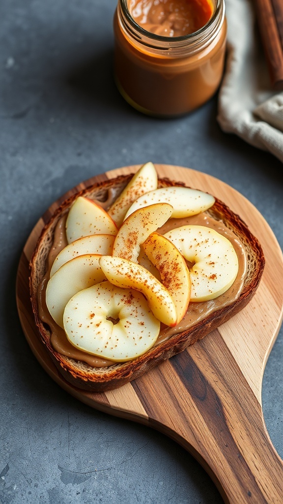 Crunchy almond butter and apple toast on a wooden cutting board with a jar of almond butter in the background.