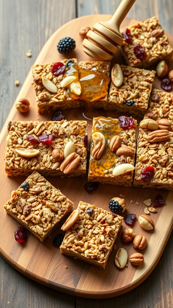 Homemade granola bars with nuts and dried fruits on a wooden platter, drizzled with honey.