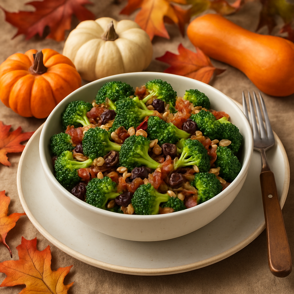 A bowl of crunchy broccoli salad with cherry tomatoes, raisins, and sunflower seeds, surrounded by autumn leaves and pumpkins.