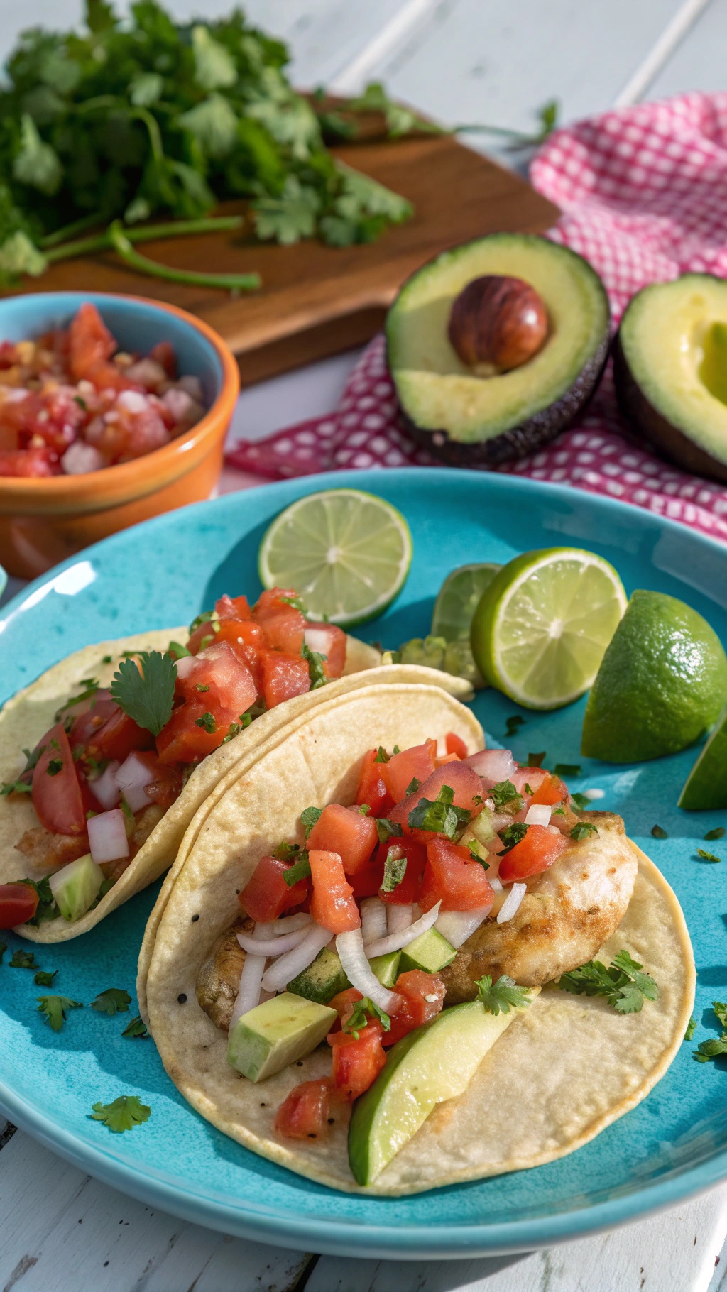 Two crunchy fish tacos topped with fresh salsa, cilantro, and lime wedges on a turquoise plate.