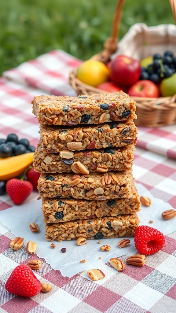 A stack of crunchy granola bars with fresh fruits in the background.