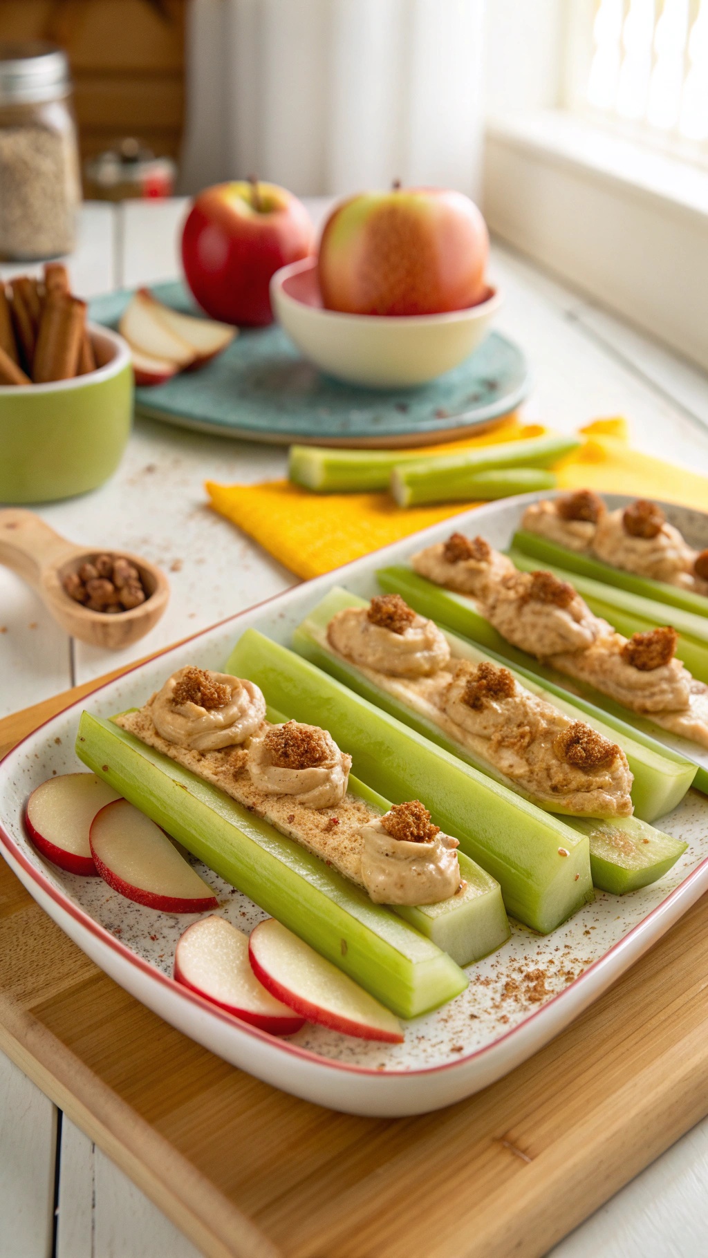 Celery sticks topped with nut butter and garnished with cinnamon and nuts