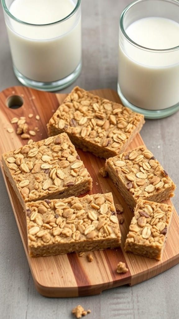 Crunchy peanut butter protein granola bars on a wooden board with glasses of milk