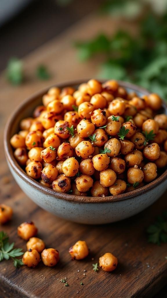 A bowl of crunchy roasted chickpeas garnished with herbs.