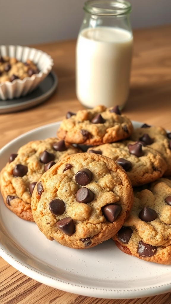 Plate of crunchy vegan chocolate chip cookies with a glass of milk in the background