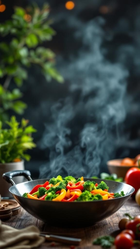 A steaming bowl of crunchy vegetable stir-fry with broccoli and bell peppers