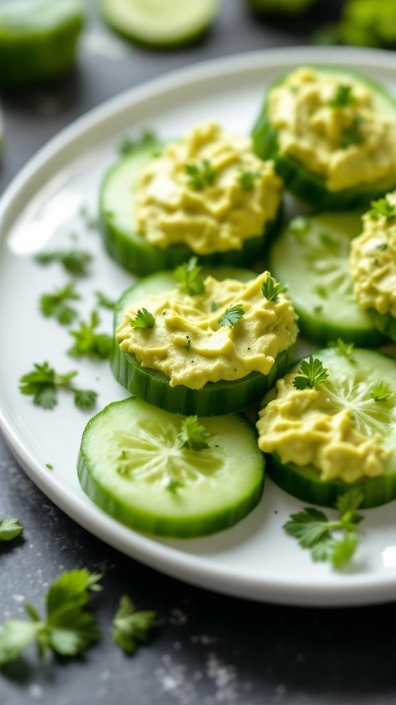 Plate of cucumber slices topped with avocado spread and garnished with herbs.
