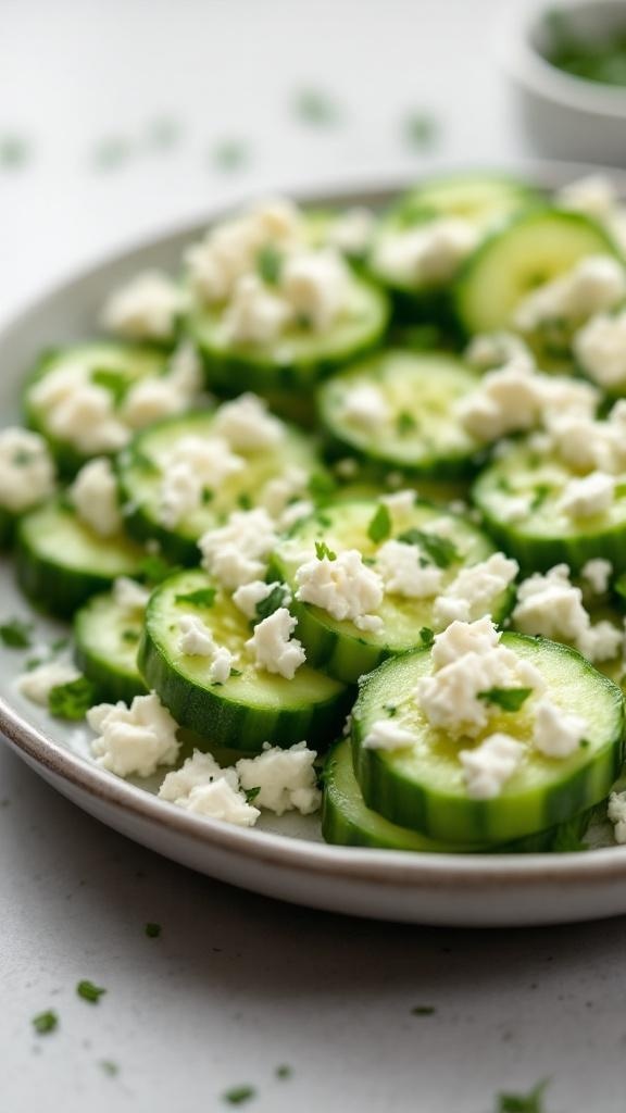 A plate of cucumber slices topped with crumbled feta cheese and herbs.