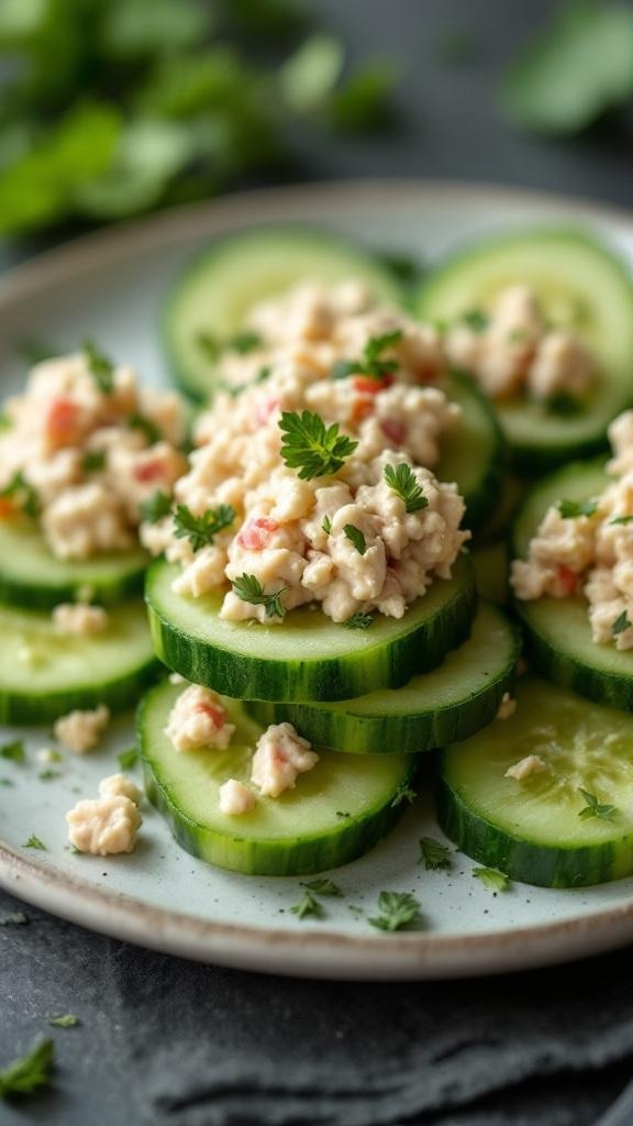 Cucumber slices topped with tuna salad, garnished with herbs.