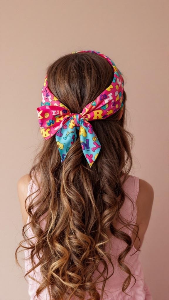 A girl with curly hair styled with a colorful hairband, showcasing a playful and easy hairstyle.