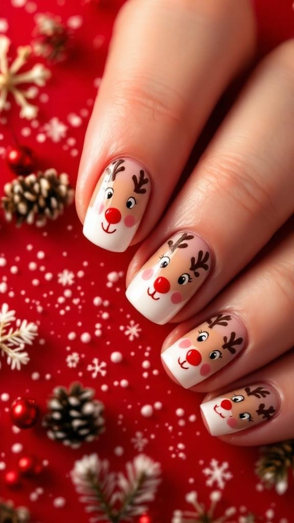 Nails painted with cute reindeer faces on a festive red background