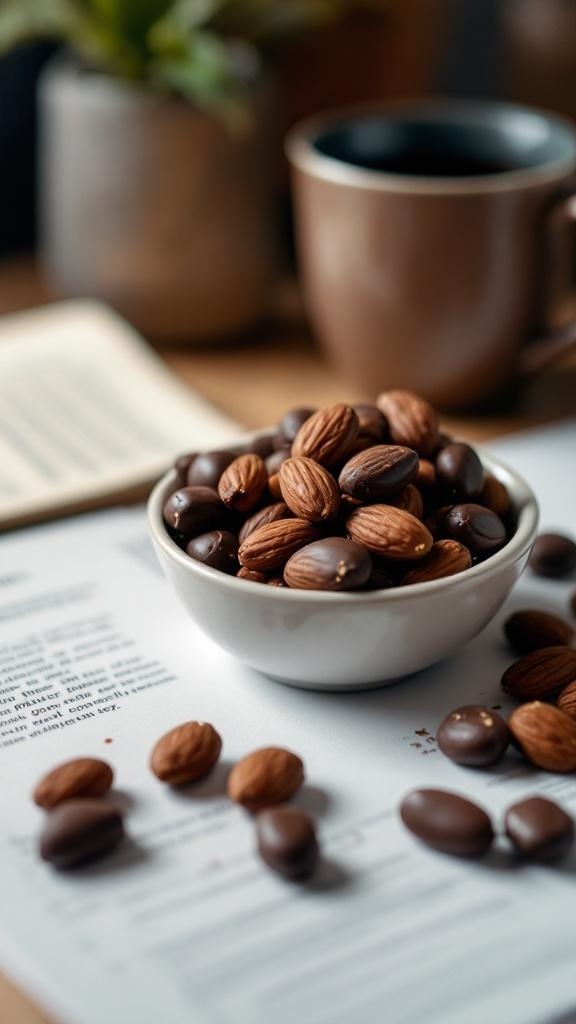A bowl of dark chocolate-covered almonds on a table with a coffee cup and a notebook in the background.